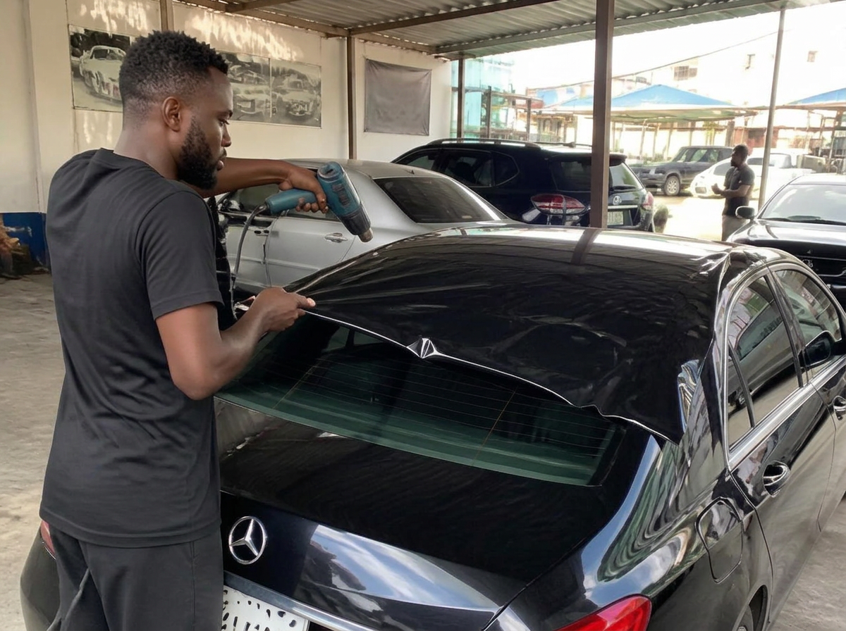 Nigerian technician applying wrap film to a Mercedes-Benz sedan
